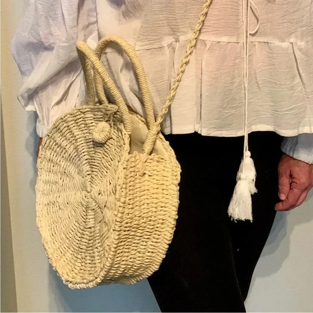 Beachy Boho Natural Woven Round Straw Satchel Crossbody Bag